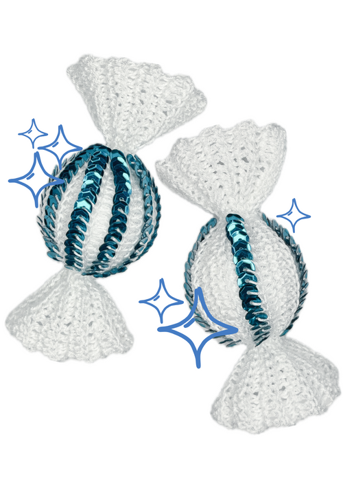 hæklet julekugle, julekugle med pailletter, hjemmelavet julepynt, bolsje julepynt, slik julepynt